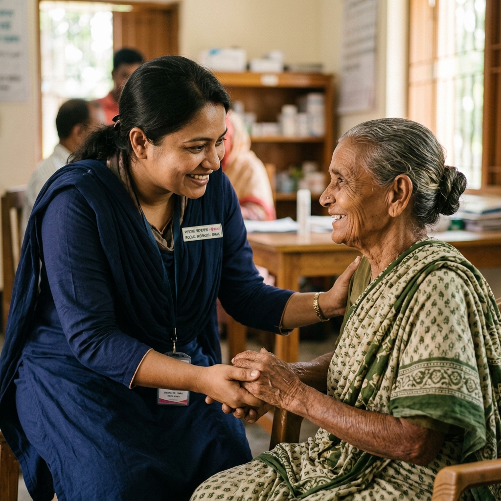 Social worker comforting elderly person